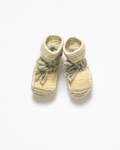 Load image into Gallery viewer, Green striped yellow alpaca wool and silk fibre baby boots