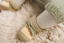 Load image into Gallery viewer, Green striped yellow alpaca wool and silk fibre baby boots
